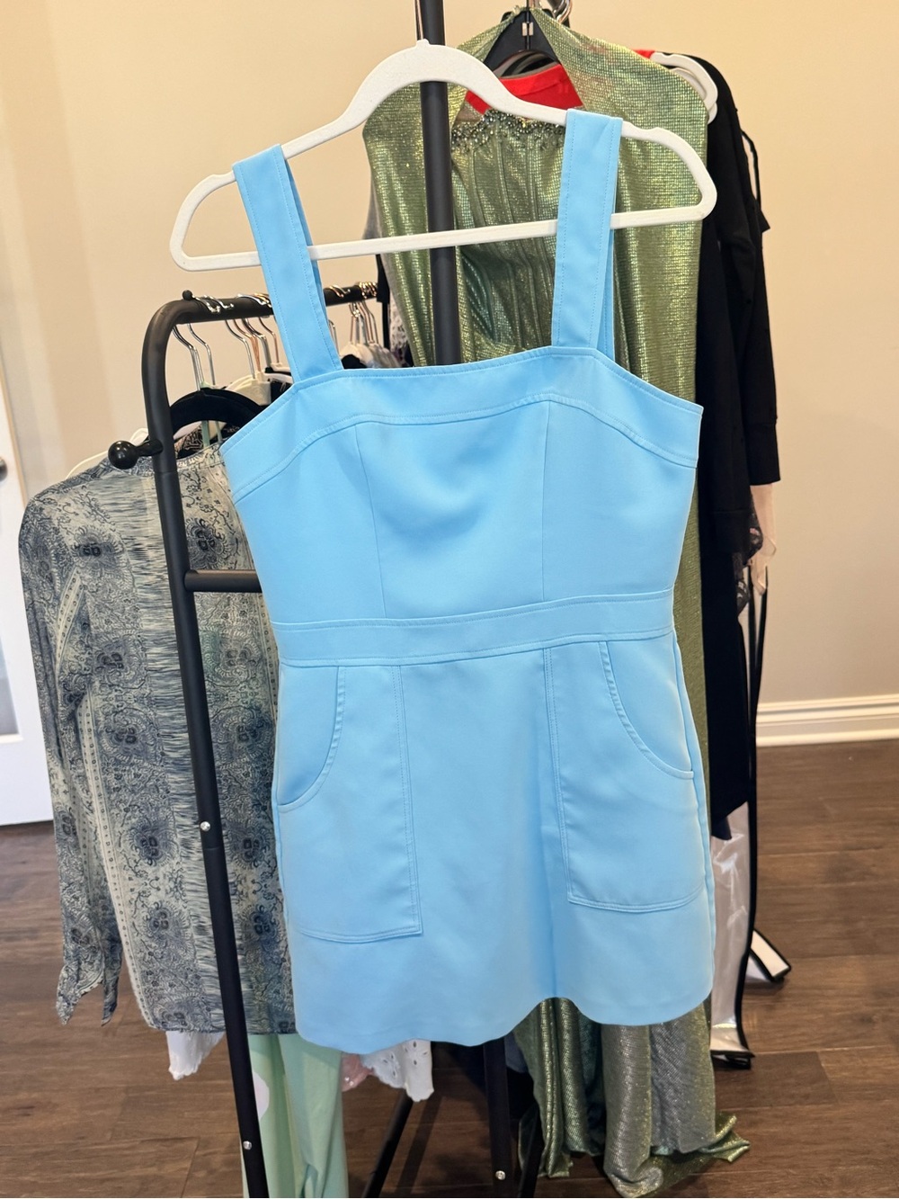 Amanda Uprichard Light Blue Square-Neck Mini Dress with Pockets